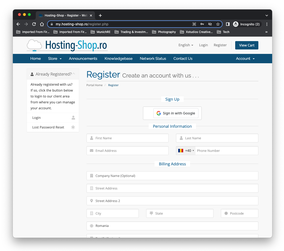 Hosting-Shop Registration Page